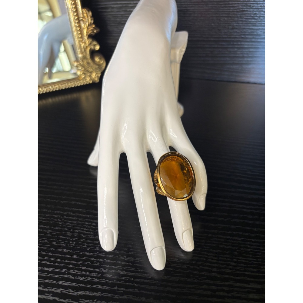 Vintage Style Gold Tone Amber Glass Oval Statement Cocktail Ring Size 7.5